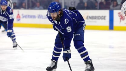 Syracuse Crunch left wing Wojciech Stachowiak (9) on the ice during the first period of the American Hockey League game between the Syracuse Crunch and Cleveland Monsters on December 4, 2025, at Rocket Arena in Cleveland, OH. (Photo by Frank Jansky/Icon Sportswire via Getty Images)