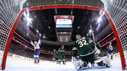 Mikko Rantanen #96 of the Colorado Avalanche celebrates a goal by teammate Parker Kelly #17 (not pictured) against Filip Gustavsson #32 of the Minnesota Wild in the third period at Xcel Energy Center on January 09, 2025 in St Paul, Minnesota. The Avalanche defeated the Wild 6-1. (Photo by David Berding/Getty Images)