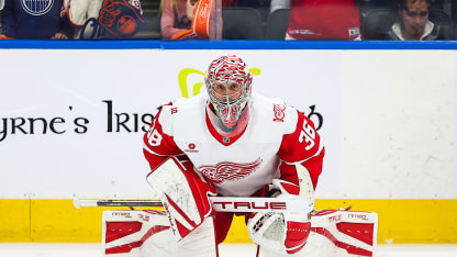 Detroit Red Wings Goalie John Gibson (36) stretches in the first period of the Edmonton Oilers game versus the Detroit Redwings on December 11, 2025 at Rogers Place in Edmonton, AB. (Photo by Curtis Comeau/Icon Sportswire via Getty Images)