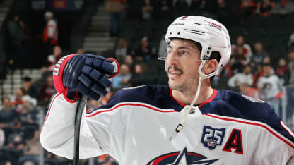 Zach Werenski #8 of the Columbus Blue Jackets looks on during warm-ups against the Philadelphia Flyers at the Xfinity Mobile Arena on March 24, 2026 in Philadelphia, Pennsylvania. (Photo by Len Redkoles/NHLI via Getty Images)