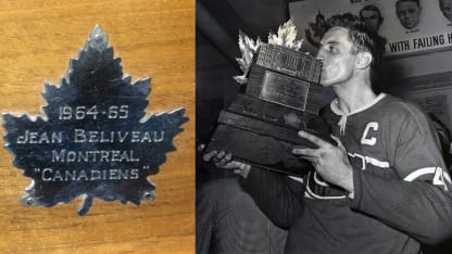 Beliveau kissing Conny Smythe and Leaf