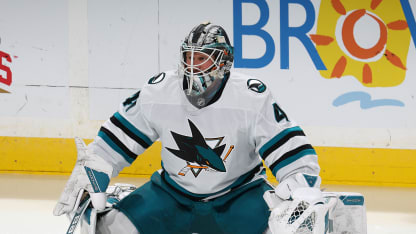 Goaltender Vitek Vanecek #41 of the San Jose Sharks stretches prior to the game against the Florida Panthers at the Amerant Bank Arena on December 7, 2024 in Sunrise, Florida. (Photo by Joel Auerbach/Getty Images)