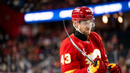 Calgary Flames Right Wing Adam Klapka (43) takes to the ice for the second period of an NHL preseason game between the Calgary Flames and the Vancouver Canucks on September 28, 2024, at the Scotiabank Saddledome in Calgary, AB. (Photo by Brett Holmes/Icon Sportswire via Getty Images)