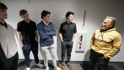 Top NHL Draft Prospects Carson Carels, Alberts Smits, Chase Reid and Caleb Malhotra meet with head coach John Tortorella of the Vegas Golden Knights at City National Arena on June 08, 2026 in Las Vegas, Nevada. (Photo by Brian Babineau/NHLI via Getty Images)