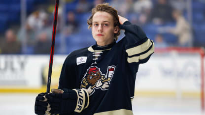 Luka Radivojevic #28 of Muskegon before a game between Muskegon Lumberjacks and USNTDP U17 at USA Hockey Arena on October 18, 2024 in Plymouth, Michigan. (Photo by Michael Miller/ISI Photos/Getty Images)