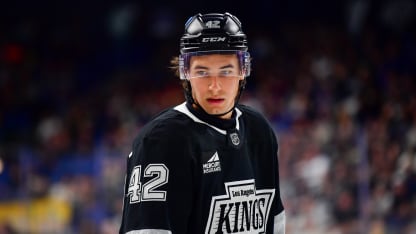 ONTARIO, CA - SEPTEMBER 21: Martin Chromiak #42 of the Los Angeles Kings looks on during the third period against the Anaheim Ducks in a pre-season game at the Toyota Arena on September 21, 2025 in Ontario, California. (Photo by Gary A. Vasquez/NHLI via Getty Images)