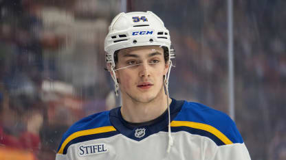 Dalibor Dvorsky #54 of the St. Louis Blues warms up prior to the game against the Edmonton Oilers at Rogers Place on April 9, 2025, in Edmonton, Alberta, Canada. (Photo by Leila Devlin/Getty Images)