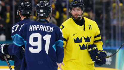 Victor Hedman #77 of Team Sweden shakes hands with Eetu Luostarinen #27 and Oliver Kapanen #91 of Team Finland after the Men's Preliminary Group B match between Finland and Sweden on day seven of the Milano Cortina 2026 Winter Olympic games at Milano Santagiulia Ice Hockey Arena on February 13, 2026 in Milan, Italy. (Photo by Bruce Bennett/Getty Images)