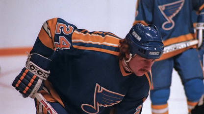 Bernie Federko #24 of the St. Louis Blues prepares for the face-off against the Toronto Maple Leafs at Maple Leaf Gardens in Toronto. Ontario, Canada on December 26, 1983. (Photo by Graig Abel Collection/Getty Images)