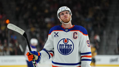 Connor McDavid #97 of the Edmonton Oilers looks on during the third period against the Vegas Golden Knights at T-Mobile Arena on December 03, 2024 in Las Vegas, Nevada. (Photo by Jeff Bottari/NHLI via Getty Images)