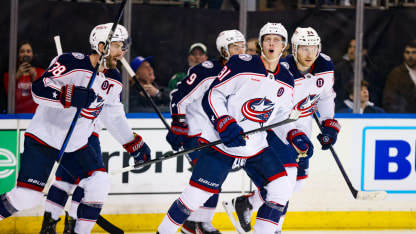 The Columbus Blue Jackets celebrate a goal by Columbus Blue Jackets right wing Mathieu Olivier (24) during the third period of the National Hockey League game between the Columbus Blue Jackets and the New York Rangers on March 9, 2025 at Madison Square Garden in New York, NY. (Photo by Joshua Sarner/Icon Sportswire via Getty Images)