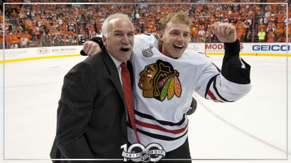 Joel Quenneville and Patrick Kane 2010 SC Champions NHL100