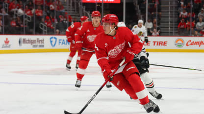 : Axel Sandin-Pelikka #44 of the Detroit Red Wings plays against the Chicago Blackhawks at Little Caesars Arena on September 23, 2025 in Detroit, Michigan. (Photo by Gregory Shamus/Getty Images)