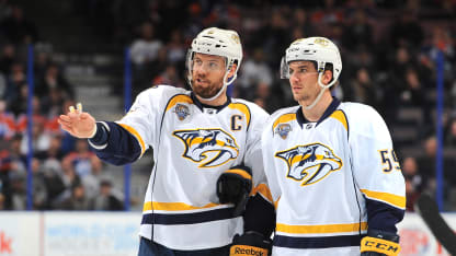 EDMONTON, AB - MARCH 14: Shea Weber #6 and Roman Josi #59 of the Nashville Predators discuss the play during a game against the Edmonton Oilers on March 14, 2016 at Rexall Place in Edmonton, Alberta, Canada. (Photo by Andy Devlin/NHLI via Getty Images)