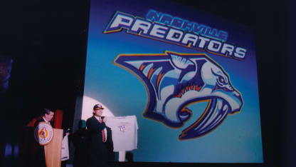 Gnash, the Nashville Predators mascot, entertains the crowd in the