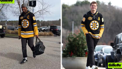 Patriots walk-ins with Bruins jerseys