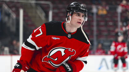Simon Nemec #17 of the New Jersey Devils warms up before the NHL regular season game against the Florida Panthers at the Prudential Center on March 3, 2026 in Newark, New Jersey. (Photo by Andrew Maclean/NHLI via Getty Images)