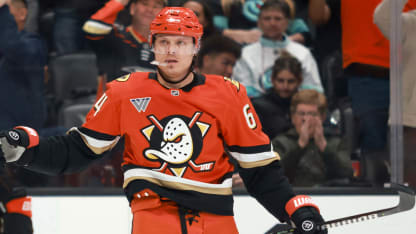 Mikael Granlund #64 of the Anaheim Ducks celebrates scoring a goal with teammate Chris Kreider #20 in the second period during the game against the Seattle Kraken at Honda Center on December 22, 2025 in Anaheim, California. (Photo by Nicole Vasquez /NHLI via Getty Images)