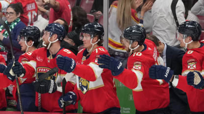 Florida Panthers center Sam Reinhart (13) gets fist bumps from the bench after his goal in the first period during the game between the Pittsburg Penguins and the Florida Panthers on Sunday, March 23, 2025 at Amerant Bank Arena in Sunrise, FL. (Photo by Peter Joneleit/Icon Sportswire via Getty Images)