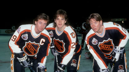 Wayne Gretzky #99, Luc Robitaille #20 and Jari Kurri #17 of the Campbell Conference and the Los Angeles Kings pose for a portrait before the 1993 44th NHL All-Star Game against the Wales Conference on February 6, 1993 at the Montreal Forum in Montreal, Quebec, Canada. The Wales Conference defeated the Campbell Conference 16-6. (Photo by B Bennett/Getty Images)