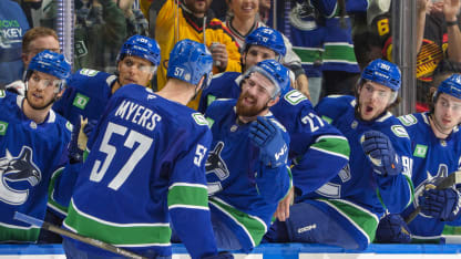 Tyler Myers #57 of the Vancouver Canucks celebrates his goal with teammates during the first period of their NHL game against the Chicago Blackhawks at Rogers Arena on March 15, 2025 in Vancouver, British Columbia, Canada. (Photo by Jeff Vinnick/NHLI via Getty Images)