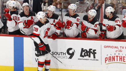 Timo Meier #28 of the New Jersey Devils celebrates his goal in the second period against the Florida Panthers at the Amerant Bank Arena on November 12, 2024 in Sunrise, Florida. (Photo by Joel Auerbach/Getty Images)