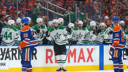 Lian Bichsel #6 of the Dallas Stars celebrates a second-period goal at the bench during Game Three of the Western Conference Finals of the 2025 Stanley Cup Playoffs against the Edmonton Oilers at Rogers Place on May 25, 2025, in Edmonton, Alberta, Canada. (Photo by Andy Devlin/NHLI via Getty Images)