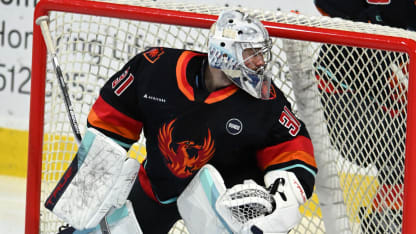 Coachella Valley Firebirds goalie Philipp Grubauer watches play during game between the Coachella Valley Firebirds and the Texas Stars on February 1, 2025 at the H-E-B Center in Cedar Park, TX. (Photo by John Rivera/Icon Sportswire via Getty Images)