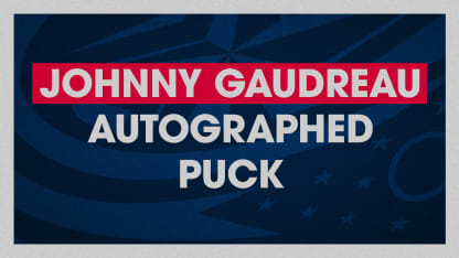 Blue graphic with grey border. Large grey text reads Johnny Gaudreau Autographed Puck.