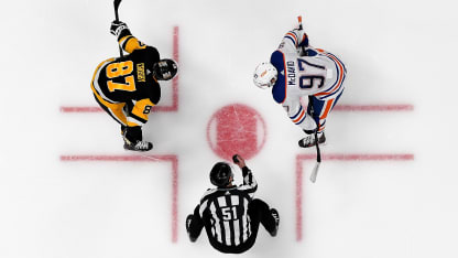 Sidney Crosby #87 of the Pittsburgh Penguins and Connor McDavid #97 of the Edmonton Oilers take a face-off at PPG PAINTS Arena on March 10, 2024 in Pittsburgh, Pennsylvania. (Photo by Joe Sargent/NHLI via Getty Images)