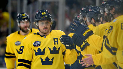 William Nylander #88 of Team Sweden high-fives his teammates following a Team Sweden goal in the first period of the 4 Nations Face-Off between Team Sweden and Team United States at TD Garden on February 17, 2025 in Boston, Massachusetts. (Photo by Ben Jackson/4NFO/World Cup of Hockey via Getty Images)