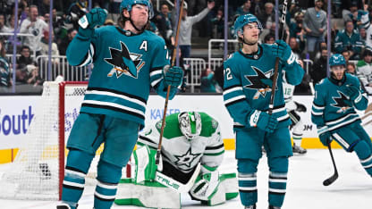 San Jose Sharks center Tyler Toffoli (73) celebrates after assisting in scoring a goal in the third piriod during a NHL game between the Dallas Stars and the San Jose Sharks on January 10, 2026, at SAP Center in San Jose, CA. (Photo by Trinity Machan/Icon Sportswire via Getty Images)