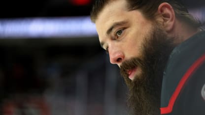 Brent Burns #8 of the Carolina Hurricanes looks on prior to a game against the Florida Panthers in Game Two of the Eastern Conference Final of the 2025 Stanley Cup Playoffs at Lenovo Center on May 22, 2025 in Raleigh, North Carolina. (Photo by Bruce Bennett/Getty Images)