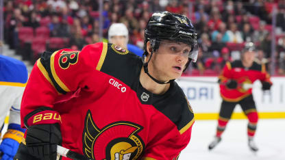 Tim Stützle #18 of the Ottawa Senators skates against the Buffalo Sabres during the first period on December 23, 2025 at Canadian Tire Centre in Ottawa, Ontario, Canada. (Photo by Andre Ringuette/NHLI via Getty Images)