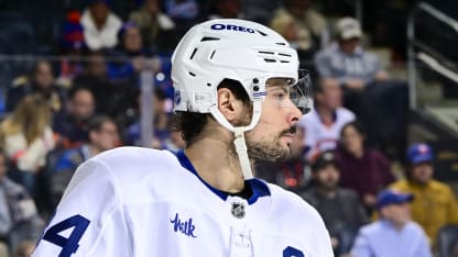 Auston Matthews #34 of the Toronto Maple Leafs looks on during the game against the New York Islanders at UBS Arena on January 03, 2026 in Elmont, New York. (Photo by Steven Ryan/NHLI via Getty Images)