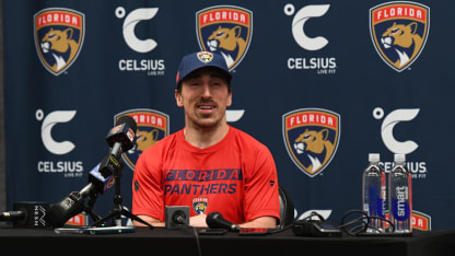 Brad Marchand #63 of the Florida Panthers talks to the media before the game against the Boston Bruins on March 11, 2025, at the TD Garden in Boston, Massachusetts. (Photo by Steve Babineau/NHLI via Getty Images)