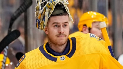 Yaroslav Askarov #30 of the Nashville Predators gets a break against the Carolina Hurricanes during an NHL game at Bridgestone Arena on December 27, 2023 in Nashville, Tennessee. (Photo by John Russell/NHLI via Getty Images)