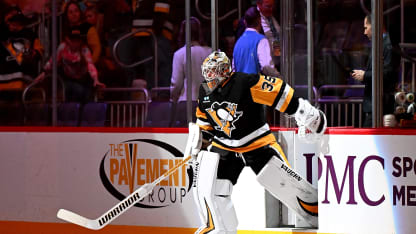 Tristan Jarry #35 of the Pittsburgh Penguins takes the ice against the Ottawa Senators at PPG PAINTS Arena on March 30, 2025 in Pittsburgh, Pennsylvania. (Photo by Joe Sargent/NHLI via Getty Images)