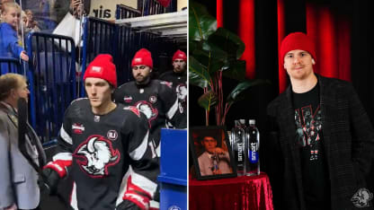 Buffalo Sabres wear red beanies for Jeff Skinner 1000th game