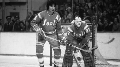 Jim Neilsen #5 and Gilles Meloche #27 of the California Golden Seals skate at Boston Garden. (Photo by Steve Babineau/NHLI via Getty Images)