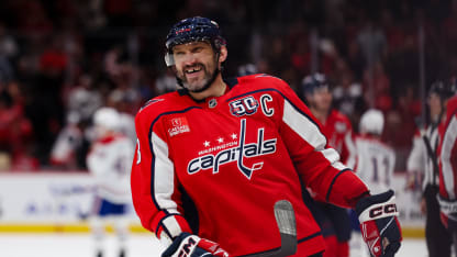 Alex Ovechkin #8 of the Washington Capitals reacts after scoring a goal against the Montreal Canadiens during the third period of the game at Capital One Arena on October 31, 2024 in Washington, DC. (Photo by Scott Taetsch/Getty Images)
