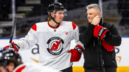 Erik Haula #56 talks with Head Coach Sheldon Keefe of the New Jersey Devils during practice prior to the 2024 NHL Global Series Challenge