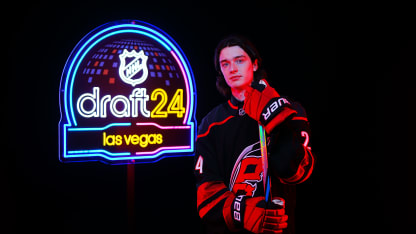 Dominik Badinka poses for a portrait after being selected 34th overall by the Carolina Hurricanes during the 2024 Upper Deck NHL Draft Rounds 2-7 at Sphere on June 29, 2024 in Las Vegas, Nevada. (Photo by Mark Blinch/NHLI via Getty Images)