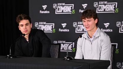 Michael Misa and Matthew Schaefer speak at the NHL Combine Media Availability during the NHL Combine at LECOM Harborcenter on June 6, 2025 in Buffalo, New York. (Photo by Joe Hrycych/NHLI via Getty Images)