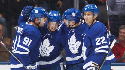 TORONTO, ON - OCTOBER 15: Mitch Marner #16 of the Toronto Maple Leafs celebrates his goal during the second period against the Los Angeles Kings at the Scotiabank Arena on October 15, 2018 in Toronto, Ontario, Canada. (Photo by Mark Blinch/NHLI via Getty Images)