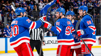 NEW YORK, NEW YORK - OCTOBER 14: Reilly Smith #91 of the New York Rangers celebrates with teammates after scoring a goal in the third period against the Detroit Red Wings at Madison Square Garden on October 14, 2024 in New York City