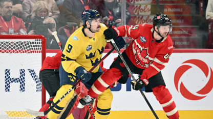 Filip Forsberg #9 of Team Sweden and Josh Morrissey #44 of Team Canada battle for position during the third period in the NHL 4 Nations Face-Off at Bell Centre on February 12, 2025 in Montreal, Quebec, Canada. (Photo by Minas Panagiotakis/Getty Images)