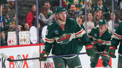 David Jiricek #55 of the Minnesota Wild warms up prior to the game against the Vancouver Canucks at the Xcel Energy Center on December 3, 2024 in Saint Paul, Minnesota. (Photo by Bruce Kluckhohn/NHLI via Getty Images)