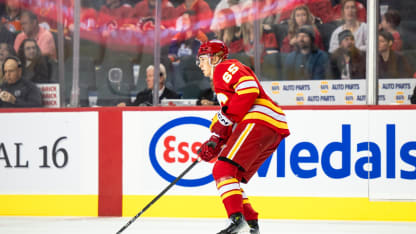 Calgary Flames Left Wing William Stromgren (65) skates during the third period of an NHL preseason game against the Edmonton Oilers on September 23, 2024, at the Scotiabank Saddledome in Calgary, AB. (Photo by Brett Holmes/Icon Sportswire via Getty Images)