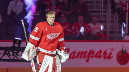 Ville Husso #35 of the Detroit Red Wings is introduced before the game against the Pittsburgh Penguins at Little Caesars Arena on October 10, 2024 in Detroit, Michigan. Pittsburgh defeated Detroit 6-3. (Photo by Dave Reginek/NHLI via Getty Images)